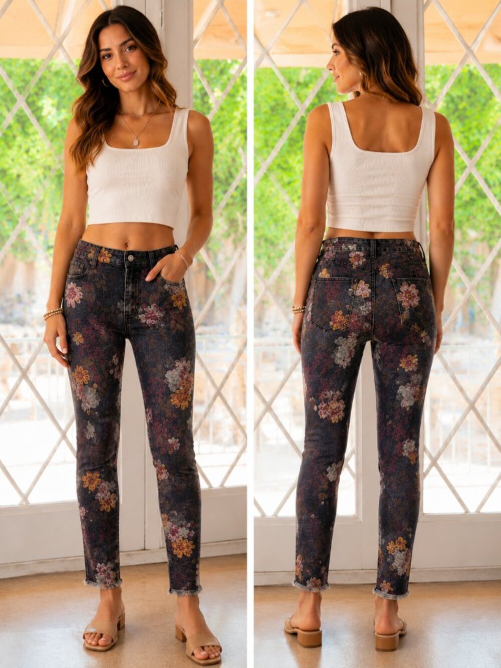 🌸 Oli & Hali Flower Print Straight Leg Cropped Jeans – Size Large 🌸